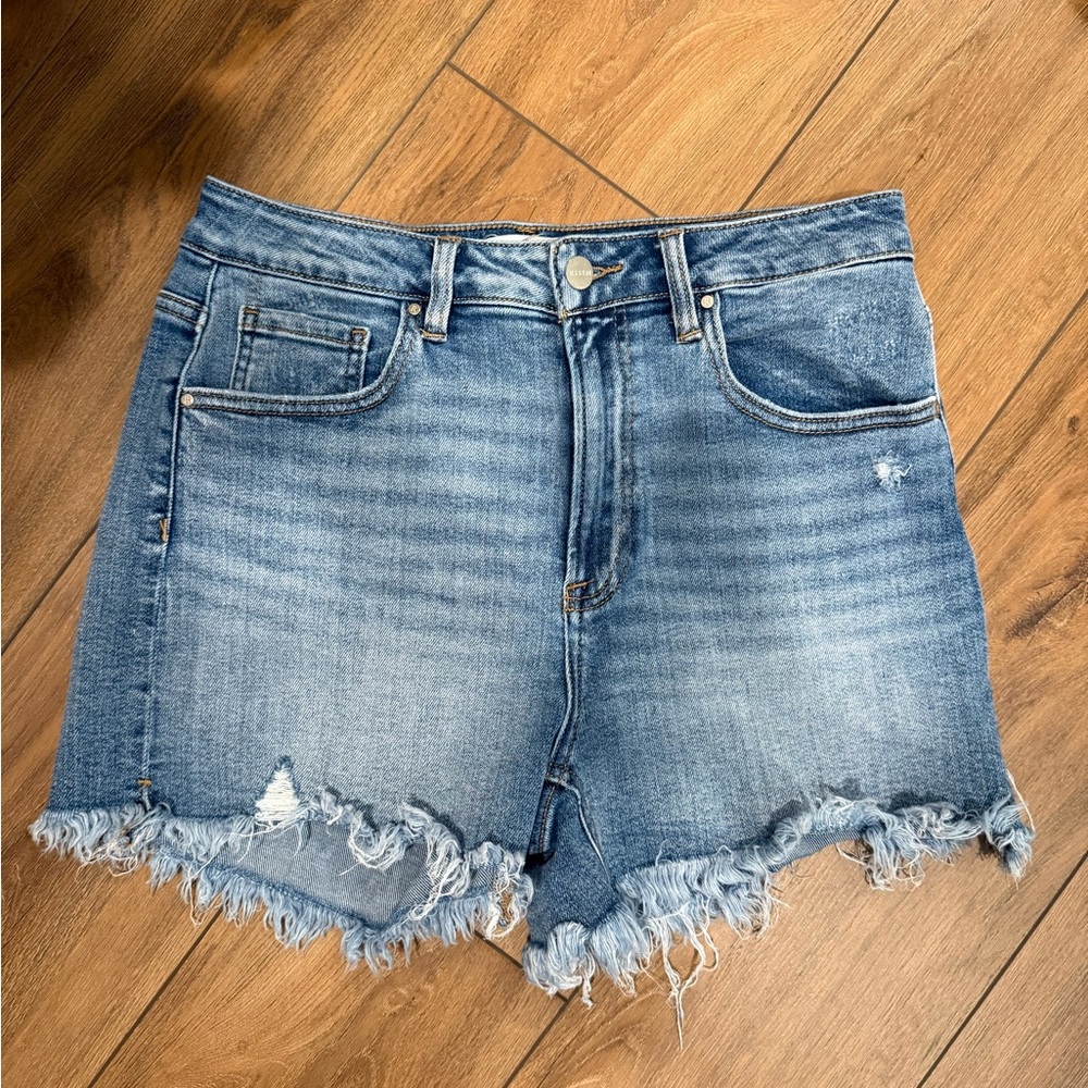 Blue Jean Shorts with Frayed Hem and Stretchy Fit